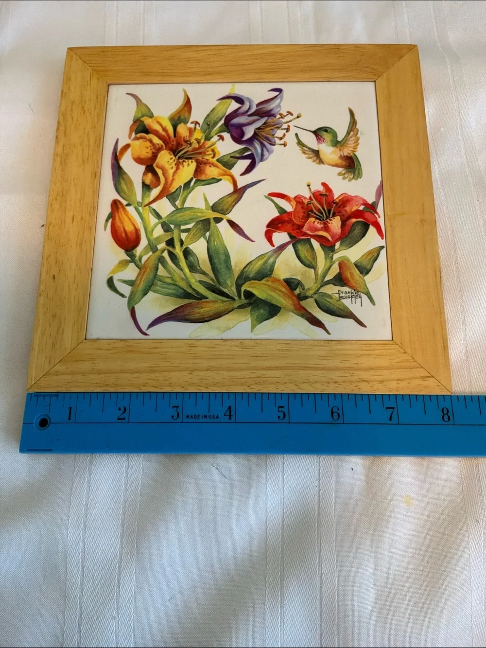 Floral Hummingbird Wall Art Tile in Natural Wood Frame 8”x 8” by Frankie Buckley